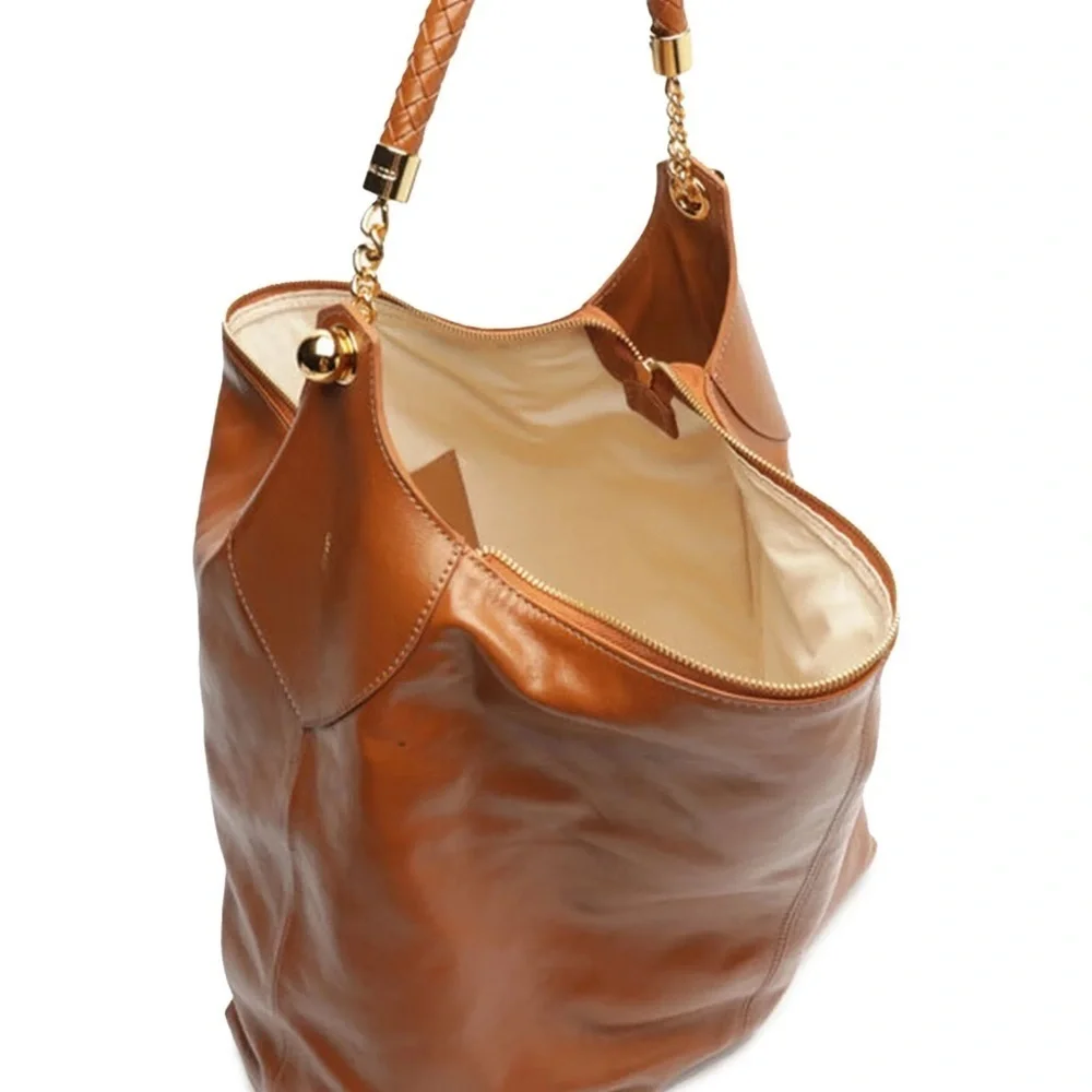 Women's Hobo Bag, Caramel Leather, Large, Brown Braided Strap, Arezzo